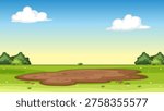 Flat vector illustration of a brown mud puddle on green grass under a blue sky