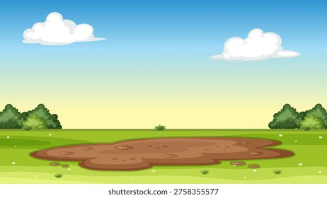 Flat vector illustration of a brown mud puddle on green grass under a blue sky