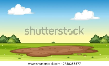 Flat vector illustration of a brown mud puddle on green grass under a blue sky