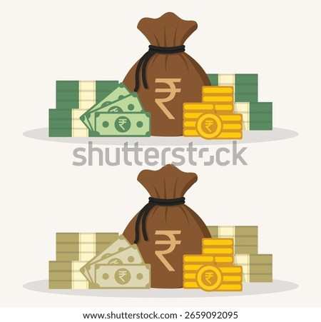 Flat vector illustration of brown sack with Indian rupee symbol, green currency notes and gold coins, perfect for Indian finance, banking, payment and economic design