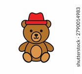 A flat vector illustration of a brown teddy bear sitting down and wearing a bright red fedora hat isolated on a white background