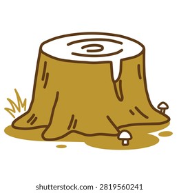 A flat vector illustration of a brown tree stump with growth rings and small mushrooms growing at the base in a minimalist style