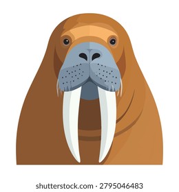 A flat vector illustration of a brown walrus portrait showing its distinctive long ivory tusks and facial features