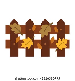 A flat vector illustration of a brown wooden fence with pointed tops, adorned with various yellow and orange fall leaves scattered across the slats.