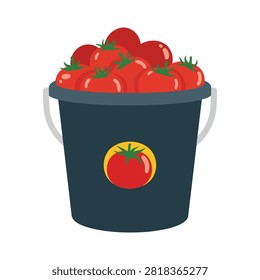 Flat Vector Illustration of a Bucket Filled with Fresh Red Tomatoes Isolated on White Background