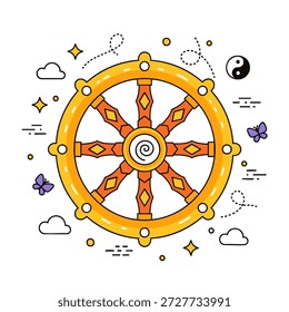 Ilustração de vetor plano de uma roda budista do Dharma