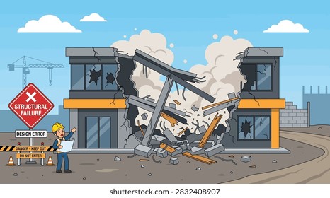 Flat vector illustration of a building collapsing due to structural failure and design error, with a worried construction engineer or architect holding blueprints at the site.