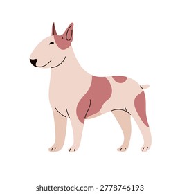 Flat vector illustration of a Bull Terrier dog with distinctive egg-shaped head, cute cartoon pet character isolated on a white background