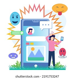 Flat Vector Illustration Of Bullying And Hate Speech On Social Media. Psychological Trauma From Negative Website Comments And Emotional Frustration.