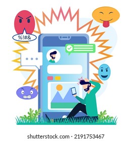 Flat Vector Illustration Of Bullying And Hate Speech On Social Media. Psychological Trauma From Negative Website Comments And Emotional Frustration.