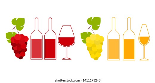 Flat vector illustration of bunch of grapes and wine bottles. Red, white, rose and amber (orange) wine.