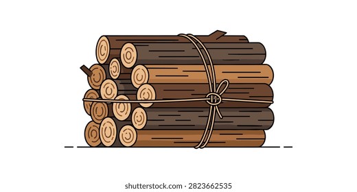 A flat vector illustration of a bundle of wooden logs tied together with a rope, isolated on a white background.