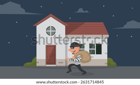 Flat Vector Illustration of a Burglar Robbing a House at Night