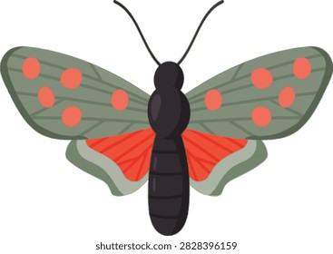 Flat vector illustration of burnet moth with green wings and red spots. Exotic moth, nature, insect, and wildlife concept. Colorful vector art isolated on white background. Perfect for education, nature, and decoration.
