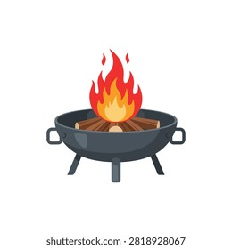 Flat vector illustration of a burning campfire in a metal fire pit bowl with wood logs isolated on white