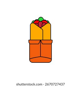 Ilustración vectorial plana de un burrito relleno de verduras y envuelto en papel. Perfecto para comida rápida, cocina mexicana o imágenes de comida callejera