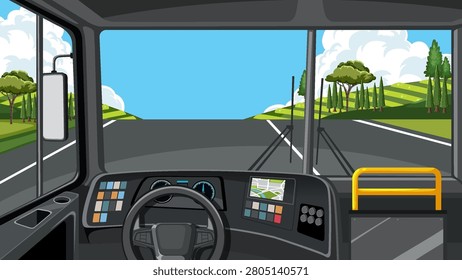 Flat vector illustration of a bus interior looking out at a sunny countryside landscape.