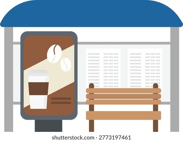 Flat Vector Illustration of Bus Stop Shelter with Coffee Advertisement and Waiting Bench. Great for urban life infographics, public transport concepts, and outdoor marketing visuals.