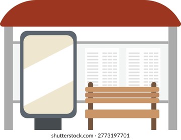 Flat Vector Illustration of Bus Stop Shelter with Blank Billboard and Bench. Perfect for urban planning concepts, outdoor marketing, street furniture icons, and public transportation infographics.