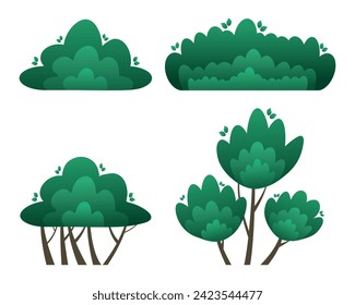 Flat vector illustration of bushes in cartoon style. Set of summer and spring bushes isolated on white background.