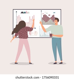 Flat vector illustration of business Analytics and marketing concept a team of men and women working on a business report and Analytics on the seventh screen. Work on the project in the office.