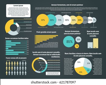 Flat vector illustration with business charts. Modern infographic with primrose yellow color palette. Business presentation board with diagrams and circle graphics. Market report on dark background.