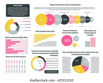 Flat vector illustration with business charts. Modern infographic with primrose yellow color palette. Business presentation board with diagrams and circle graphics. Market report on white background.