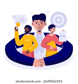Ilustração vetorial plana da colaboração de negócios. Gerenciamento de trabalho em equipe com ideias e contrato de contrato