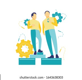 Flat vector illustration of a business concept, Two businessman in talks about future company problems. One of them holds a cup of coffee.