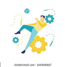 Flat vector illustration of a business concept, football fan businessman. Illustration of man kicking a ball.
