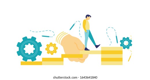 Flat vector illustration of a business concept, Businessman walk across a bridge, while someone else's hand holds it for him. Illustration of teamwork.