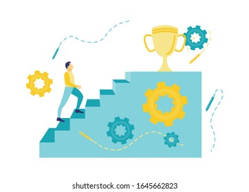 Flache Vektorillustration Illustration eines Geschäftskonzepts, Mann auf der Treppe zu Fuß mit dem Trophäensymbol erfolgreich.