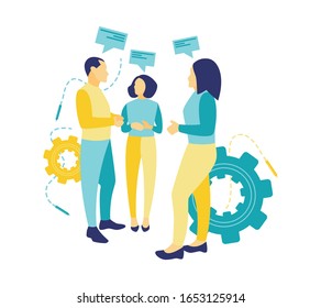 Flat Vector Illustration Of A Business Concept, Three People Stand Talking About The Progress Of Their Business. Teamwork In Business.