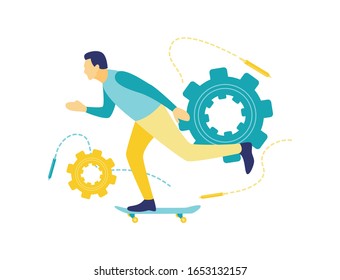Ilustración vectorial plana de un concepto de negocio, un hombre de negocios que usa un skateboard corre a ir a la oficina. Disciplina del tiempo en ir a trabajar.