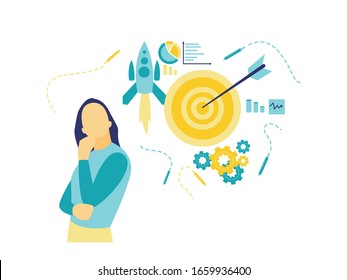 Flat vector illustration of a business concept, a woman looking up, a picture of a target surrounded by pictures of rocket, charts, cogwheels and a painted to the right. Concept of achieving a set goa