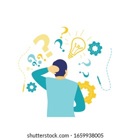Flat vector illustration of a business concept, rear view of young businessman with blue suit and scratching his head looking at light bulbs and question marks on gray wall. Idea concept.