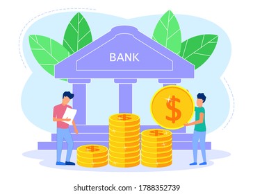 Flat vector illustration of a business concept, saving money in a bank, investing, currency exchange, financial services, ATMs, distributing money.