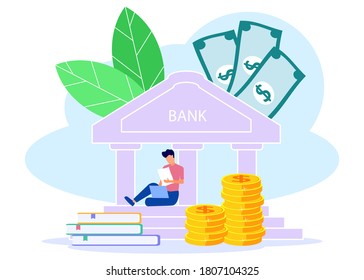 Flat vector illustration of business concept, bank service, saving money, investment, currency exchange, financial services, ATM, distributing money.