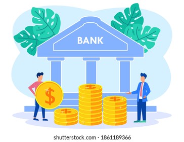 Flat vector illustration of business concept, bank service, saving money, investment, currency exchange, financial services, ATM, distributing money.