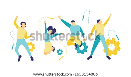 Flat vector illustration of a business concept, business people succeed in achieving goals. People who are excited so they jump for fun. The concept of pleasure in achieving goals.