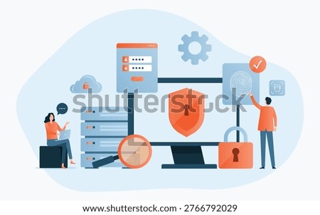 flat vector illustration business cyber security design concept. data protection. business technology document management storage backup concept and cloud computing  server service with administrator and developer team working collaboration 
