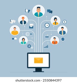 Conexión de marketing por correo electrónico de negocios de Ilustración vectorial plana a personas en línea concept.smart trabajando con reuniones en línea y Equipos de negocios que trabajan desde cualquier lugar con tecnología inalámbrica a Internet.

