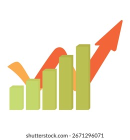 Ilustração vetorial plana de um gráfico de crescimento empresarial com barras e seta laranja para cima simbolizando sucesso, lucro e progresso financeiro. Perfeito para análise de dados, relatório de negócios, estatísticas econômicas