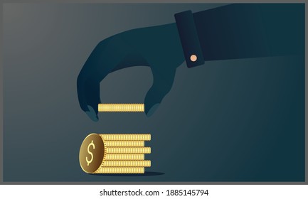 ilustración vectorial plana de la pila de monedas hecha a mano por empresas con gradiente azul