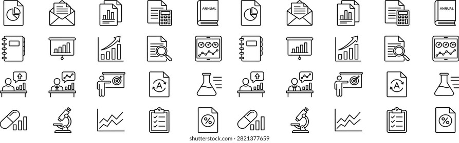 Flat vector illustration of business icons, pie charts, calculators, reports, graphs, magnifying glass, microscope, laboratory flask, pills, documents, analysis