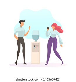 Flat vector illustration - Business man and woman enjoying coffee break in the office while talking and sharing story and experience.