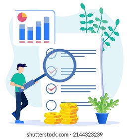 Flat vector illustration of business man analyzing problem, marketing, business concept. Checking documents and analyzing the situation for its business development.