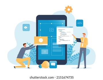 Flat vector illustration Business mobile application developer and designer team working process concept. 