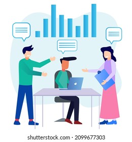 Flat vector illustration of business people sitting at negotiating table, analysis of company information, collective thinking and brainstorming.