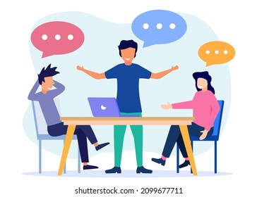 Flat vector illustration of business people sitting at negotiating table, analysis of company information, collective thinking and brainstorming.